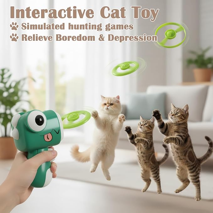 Interactive Cat Toy Fetch Launcher | Includes 8 Soft Discs for Indoor Cats | One-Press Easy Launch Cat Hunting Toy to Relieve Boredom | Ideal for Kittens and Adult Cats, Green