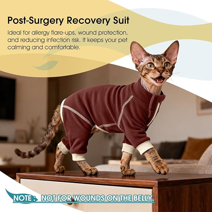 ROZKITCH Cat Recovery Suit, Full Cover Cat Surgery Suit Prevent Licking Wound Skin Problems Reduce Shedding Anxiety, Breathable Pajamas for Cats Only Brown M