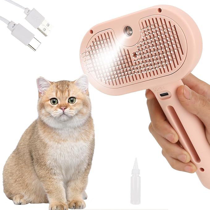 ORIGENCE Cat Steam Brush for Long Haired Cats, Dog Brush for Shedding Pet Grooming, Self Cleaning Hair Removal Comb, Pink