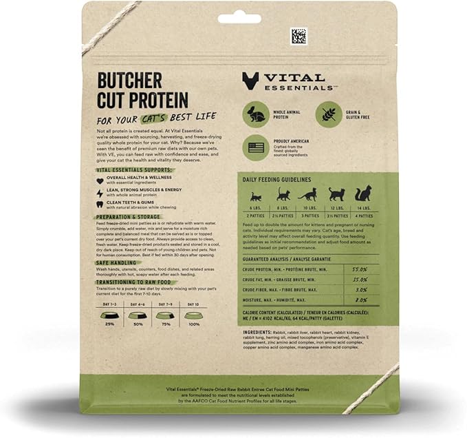 Vital Essentials Freeze Dried Cat Food, Raw Rabbit Mini Patties | Complete Meal or Topper | Easy to Portion and Rehydrate | High Protein, Grain Free Dry Cat Food | 8 oz Bag