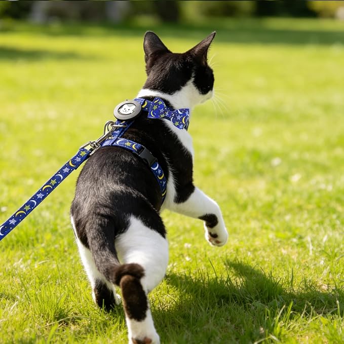 EXPAWLORER Cat Harness and Leash Set with AirTag Holder, Escape Proof Safe Lightweight Adjustable Soft Kitten Harness Set with Bowknot for Small Medium Large Cat Walking Travel Outdoor, Star-Moon