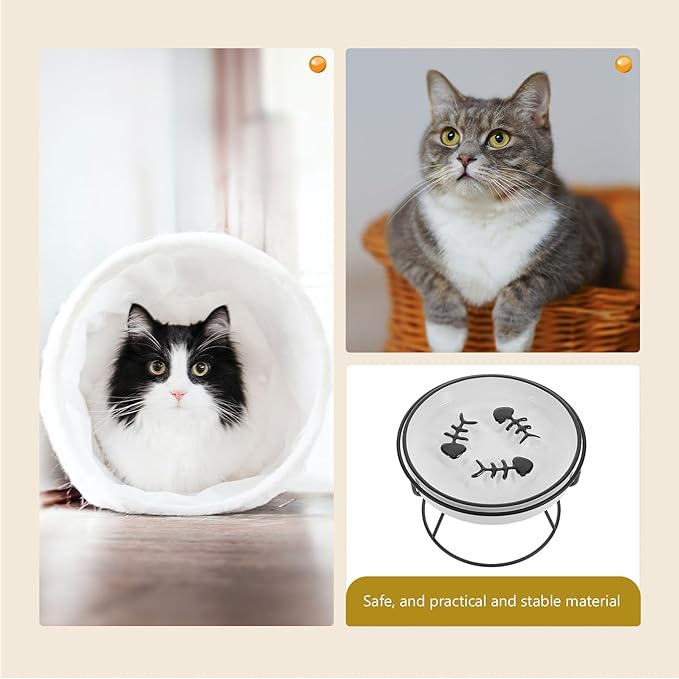 Unomor Ceramic Cat Slow Feeder Bowl Raised Elevated Food and Water Dish with Stand for Indoor Cats and Small Dogs Slow Eating Feeder