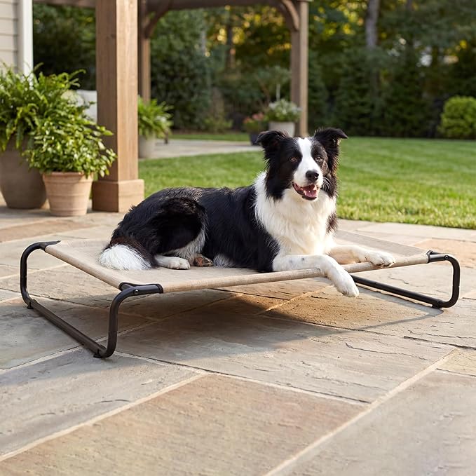Veehoo Cooling Elevated Dog Bed, Outdoor Dog Bed for Large Dogs, Raised Dog Cot with Thickened Frame, Durable Teslin Mesh & Anti-Slip Rubber Feet, Pet Hammock for Indoor or Camping, 41" x 26", Beige