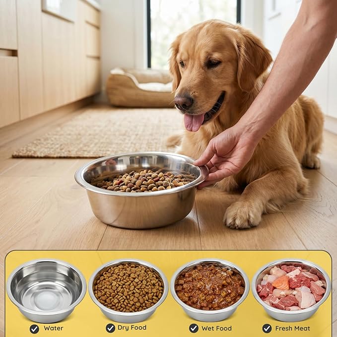 1 Pack Shallow Stainless Steel Cat & Dog Bowls, 12 Cup (96oz), Heavy Duty Pet Feeder Replacement Bowl, Rust Resistant Metal Cat Dishes for Food & Water