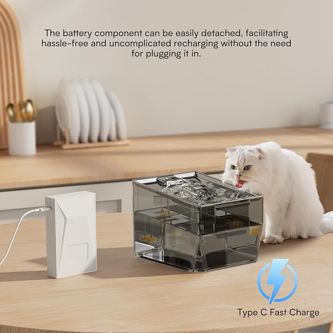 Cat Stainless Steel Water Fountain for Cats Inside,Wireless Pet Water Fountain,2.2L/74oz Automatic Cat Fountains for Drinking with Wireless,Easy Cleaning White