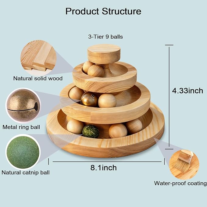 Wooden Cat Toy Ball Track Interactive Cat Toys for Indoor Cats 3 Tier Cat Tower with 9 Removable Balls Bell Catnip Toys for Cats Mental Physical Exercise Kitten Toys Puzzle