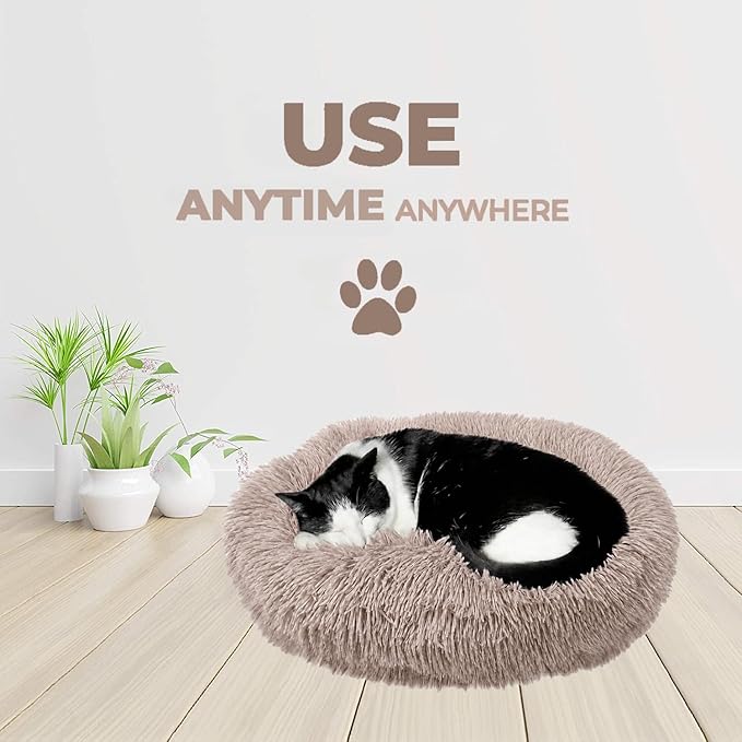 Whiskers & Friends Cat Beds for Indoor Cats, Fluffy Calming Donut Cat Bed, Small Dog Bed Washable - Orthopedic Soft Plush Pet Beds Sized for Kitten to Large Cats & Puppy to Small Dogs - Beige Brown