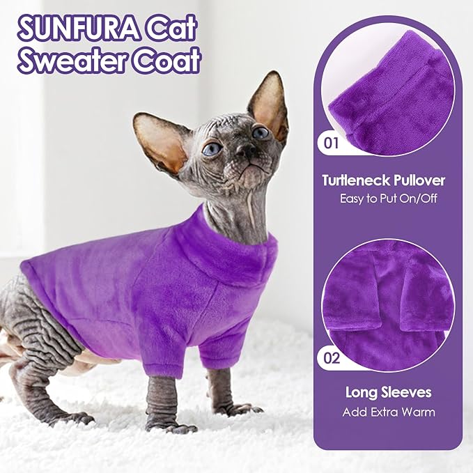 Turtleneck Sweater Coat for Cat, Sphynx Clothes Pajamas for Cats Only, Kitten Fleece Pullover Sweaters with Sleeves, Pet Warm Jumpsuit Sweatshirt for Cold Weather, Dark Purple L