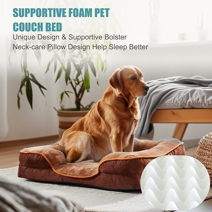 DUMOS Orthopedic Dog Beds for XL Large Sized Dogs, 42x32 in Machine Washable Cover Pet Bed, Anti-Slip Waterproof Memory Foam Couch Bed for Indoor Dogs and Cats, Brown