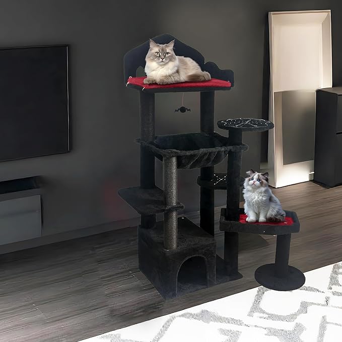 Gothic Cat Tree Tower with Coffin Bed, Multi-Level Spooky Cat Furniture for Indoor Cats, Black Cat Tree with Scratching Posts, Hammock & Cat Cave for Multiple Cats (58in-A)