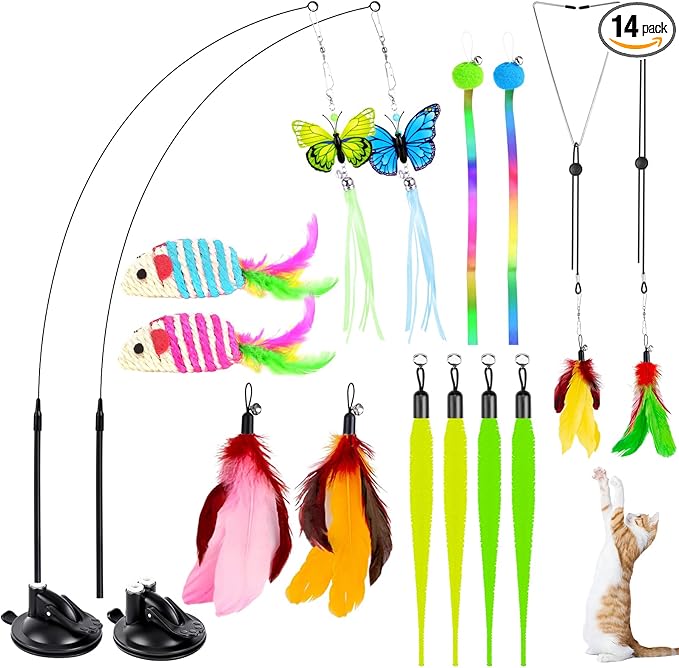 Cat Toys for Indoor Cats, 14Pcs 4 in 1 Cat Interactive Toys, Hanging Door Kitten Wand with Suction Cup Removable Feathers Balls Mice Butterfly Streamers