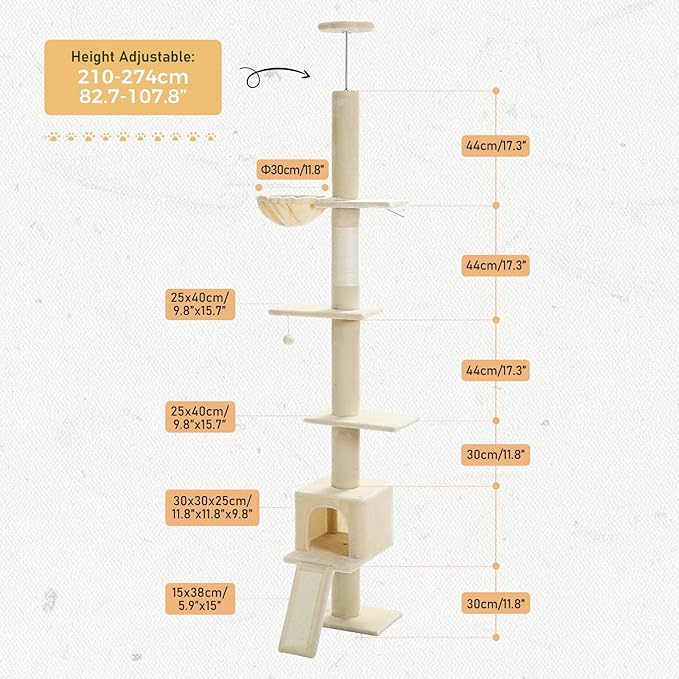 PETEPELA Floor to Ceiling Cat Tree, Cat Tower 5 Tiers Tall (83-108 Inches) Adjustable Height, Cat Climbing Tree Featuring with Condo, Scratching Post and Perches for Indoor Cats, Beige
