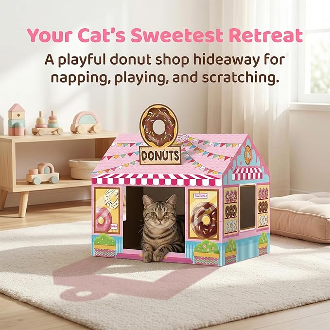 Donut Shop Cardboard Cat House Cat Scratch House with Scratcher Kitten Hideaway Playhouse Bed with Scratching Pads Cardboard Scratch Box for Indoor Outdoor Cats Bunny Small Animals Gift Supplies