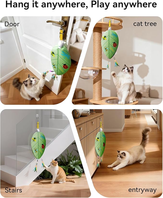 ROJECO Interactive Cat Toys for Indoor Cats, Automatic Door Hanging Cat Toy with Retractable Feather & Mouse, 2 Sleep Modes USB-C Rechargeable, Engaging Cat Toys for Bored Kittens & Adult Cats