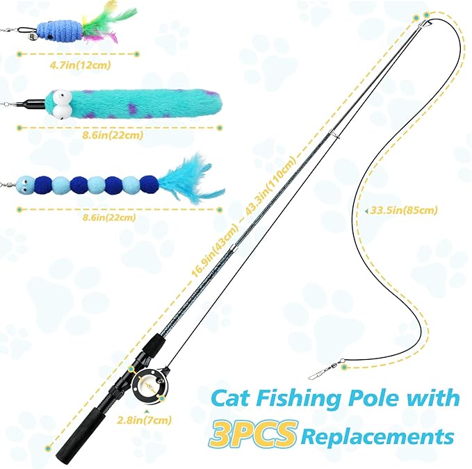 Pawaboo Cat Teaser Wand Toys, Cat Fishing Pole Toy with 3 Pack Feather Refills, 3-Section Retractable Kitten Feather Toys with Pulley, Indoor Cats Teaser Catcher Exerciser with Bell, Blue