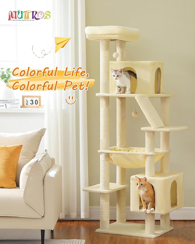 MUTTROS 71" Tall Cat Tree for Large Cat 20 lbs with Super Large Hammock, Heavy Duty Cat Tower with 4 Sisal Scratching Posts & 2 Spacious Condos for Big Adult Cats Maine Coon-Beige