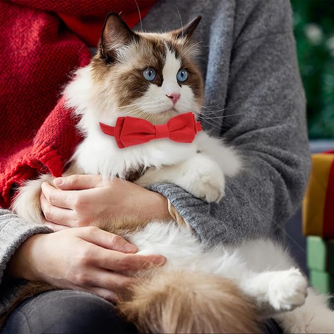 2pcs Red Cat Bowtie Collar, Cat Collar with Bells, Cats Bow Tie, Small Pet Safety Wedding Valentine's Day Basic Pure Color Suede Soft Adjustable 7-13 Inches