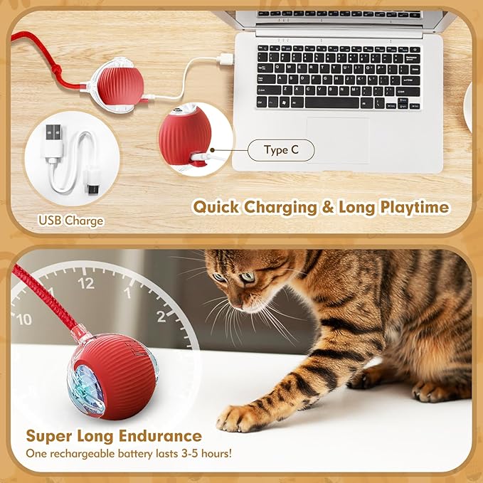 Interactive Cat Ball Toys for Indoor Cats, Upgraded Automatic Cat Toys for Bored Indoor Adult Kitty, Peppy Pet Ball for Cats, 360°Smart Rolling Kitty Balls Toy (Red)