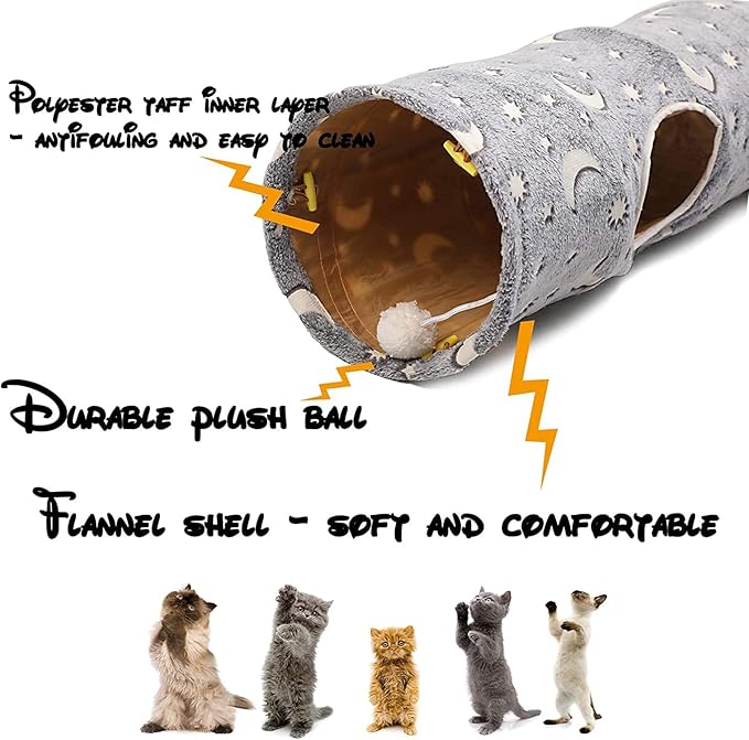 Cat Tube Tunnel with Plush Ball Toys Collapsible Self-Luminous, for Cat Small Pets Bunny Rabbits, Kittens, Ferrets,Puppy and Dogs Grey Moon Star 3 Way