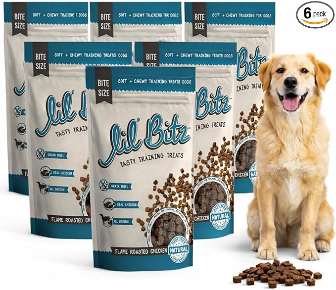 Lil' Bitz Flame Roasted Chicken Training Treats for All Dog Breeds - Low Calories, Grain Free, Natural Ingredients, NASC Compliance - Perfect Reward for Dogs of Every Size (6 Pack)