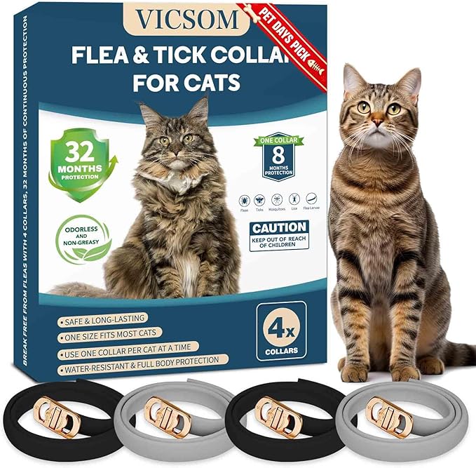 VICSOM 4 Pack Flea and Tick Collar for Cats, 32 Months Treatment Prevention, Waterproof Adjustable Kitten Collar, Black Grey