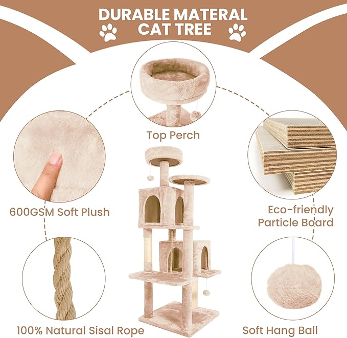 58.5inch Large Cat Tree Tower Condo for Indoor Cats, Soft Plush Multi-Level Climbing Tree Cat House with Cat Cave, Scratching Post, More Entrance/Exit, Sisal Rope, Pink