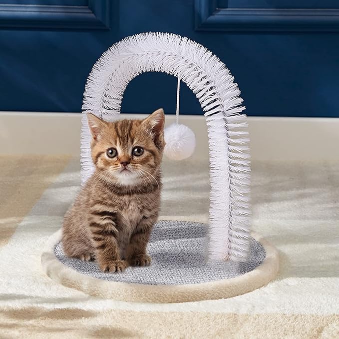 Cat Arch Self Groomer with Cat Toy Ball Cat Arch Scratcher Cat Hair Brush Cat Brush Arch Grooming Supplies Kitten Hair Massaging Brush with Dangling Ball