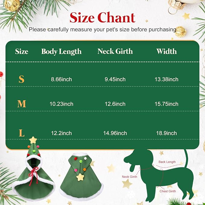 Cat Christmas Cape with Velvet Stars Hat, Small Dog Soft Thick Xmas Cloak, Pets Christmas Costume Dogs Cats Santa Claus Outfits for Goose, M