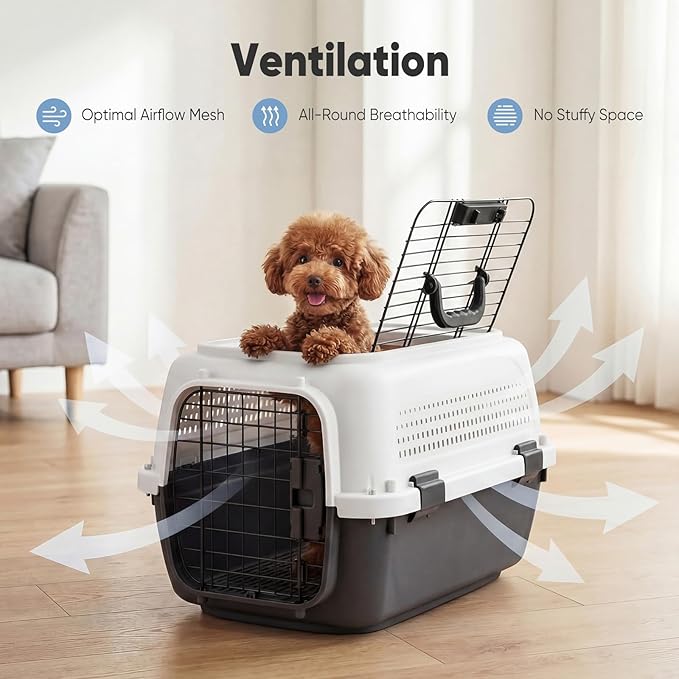 DUMOS 23" Hard-Sided Pet Carrier for Small Dogs & Cats, Airline Approved Travel Crate with Enhanced Security Latches, Front & Top Load Wire Door, Food Bowl for Traveling, Hiking, Camping, White&Black