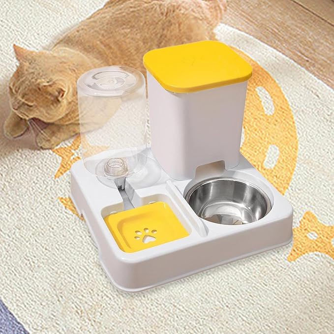 Automatic Dog Cat Feeder Dry Wet Food Separation Smooth Surface Removable Bowl for Small Animals Puppy- Yellow White