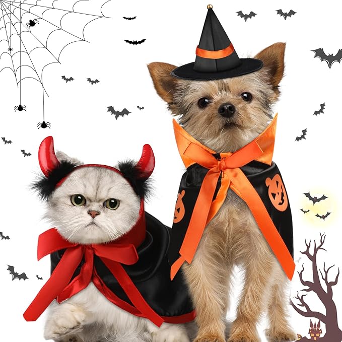 Potchen 5 Pcs Cat Halloween Vampire Costume Halloween Pet Costume Clothes Set Cat Vampire Cloak Devil Witch Hat Bat Wings Wizard Clothes for Puppy Cosplay Dress up Accessories