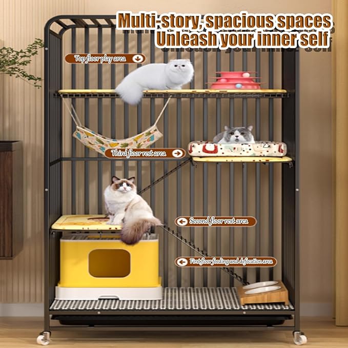 Large Indoor Cat Cage on Wheels with 360° Rotating Casters, Metal Wire Pet Enclosure for Adult Cats, Portable Cat House for Easy Mobility and Comfort