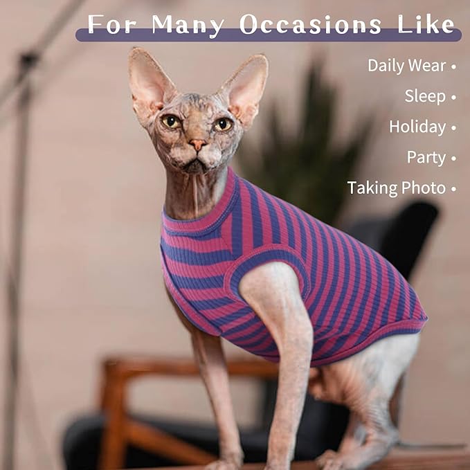 BRKURLEG Sphynx Hairless Cats Shirt Puppy Clothes Soft Cotton T-Shirts Cute Cats Pajamas Cat Stripes Vest Pet Sweater, Round Collar Vest Kitten Shirts(PinkBlue Stripes, M)