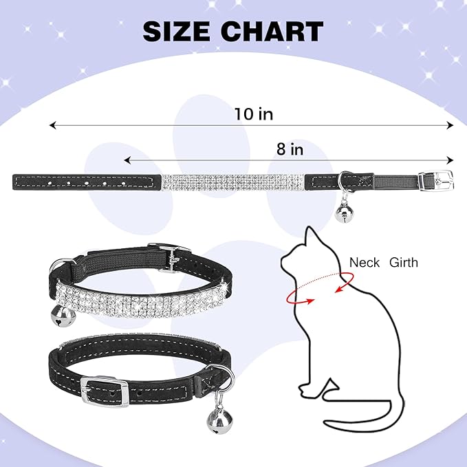 BINGPET Diamond Cat Collar with Bell, Adjustable Soft Velvet Bling Rhinestone Cat Collar, Sparkly Kitten Collar with Safety Elastic & Metal Buckle for Small Medium Cats