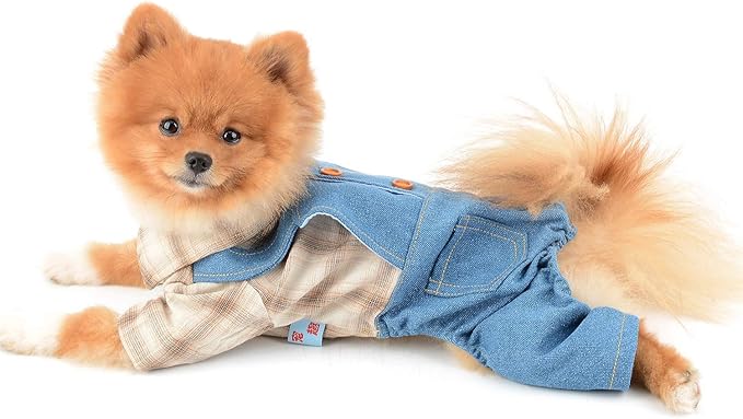 Shirt with Bib Pants for Dogs Plaid Tank Tops Tshirt Outfits for Small Male Dogs Puppies Chihuahua Overalls for Cats Apparel for Kittens Summer Adorable Pets Clothes Short Sleeves Khaki M