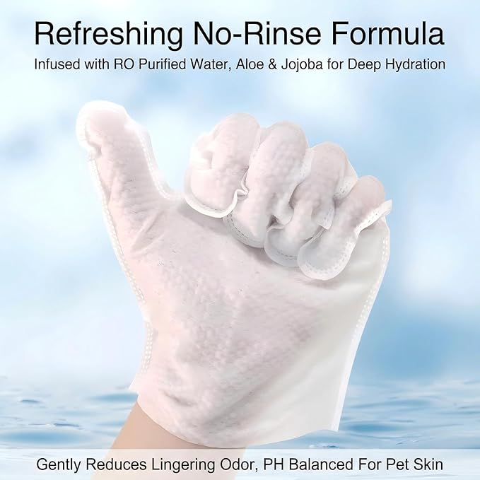 Pet Glove Wipes for Cats & Dogs, No Rinse Deodorizing Cleaning Mittens, Sphynx Cat Supplies, Thickened Hypoallergenic Aloe Vera, Unscented Full Body Grooming, Daily Care & Travel, 6 Count