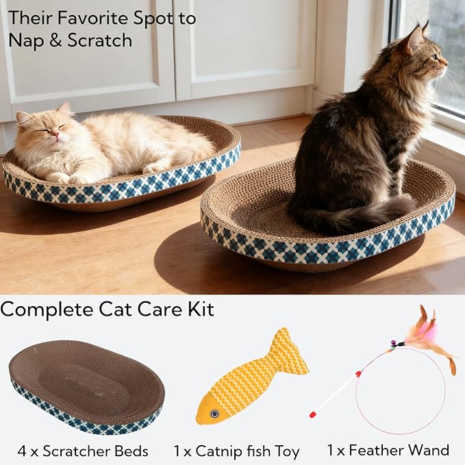 Cat Scratcher Bed with Toys, 4 Pack Oval Cat Scratcher Cardboard, Indoor Cat Scratch Bowl, Large Pad Cat Scratching Board with Catnip Fish Toy & Feather Wand for Furniture Protector L(17.5"x12.6"x3")