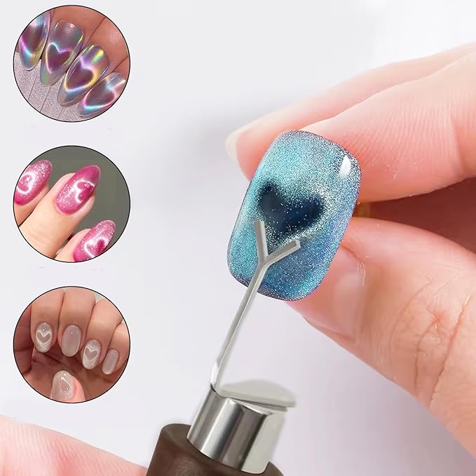 WOKOTO 2 PCS Cat Eye Magnets For Nails Set With 5 Pcs Iron Y-Shape Heart Cat Eye Designs Nail Magnet Tools, 3 In 1 & Double-Side Nail Magnets For Nail Art Magnet, Flower Heart Magnet For Nails