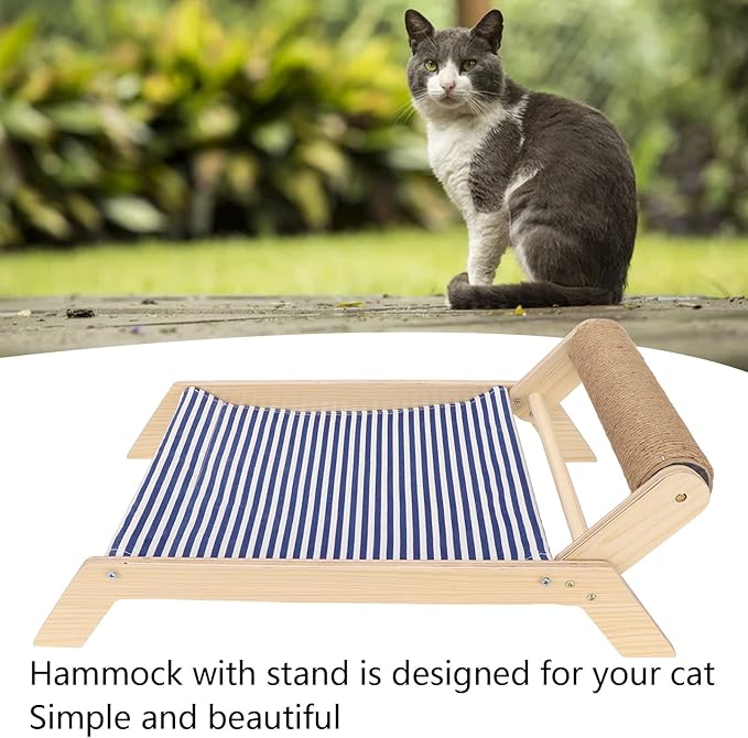 Cat Hammock Bed with Wooden Frame, Anti Shaking Swing Chair for Cats, Premium Sisal and Canvas Raised Sleeping Bed with Scratcher, Minimalist Design Pet Furniture for All Seasons (Beach Sisal Roller