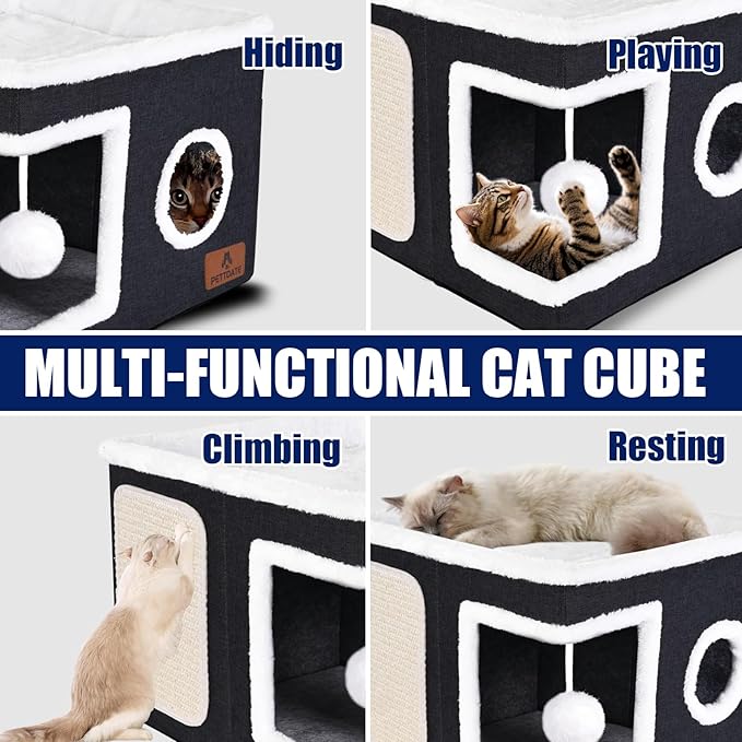 Cat Beds for Indoor Cats, Large Cat Cave Bed with Scratch Pad and Fluffy Ball, Foldable Cat Hideaway, Cat House with Reversible Cushion for Multi Small Pet Up to 30LBS, Dark Grey