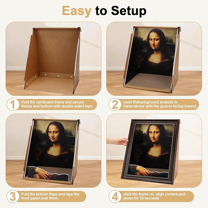 Mona Lisa Cat Bed - 4D Oil Painting Art Cat Scratcher for Indoor Cats, Half-Surround & Armrest Design, Cardboard Cat House, Novelty Gift for Cat Pawrents