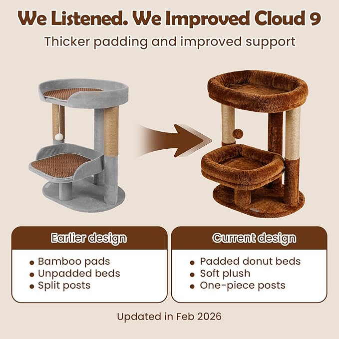 Cat Tree for Indoor Cats, Compact 2-Tier Cat Tower with Padded Donut Beds, Cozy Plush Cat Perch for Small to Medium Cats, Sisal Scratching Posts & Hanging Toy (Mocha Brown)