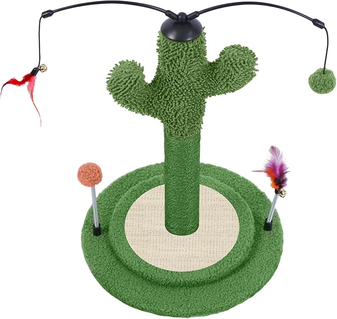 YUNIQUE Cactus Cat Scratching Post with Sisal Rope, Small Cat Tree with Dangling Balls & Feather for Kittens (Green, 22.8'')