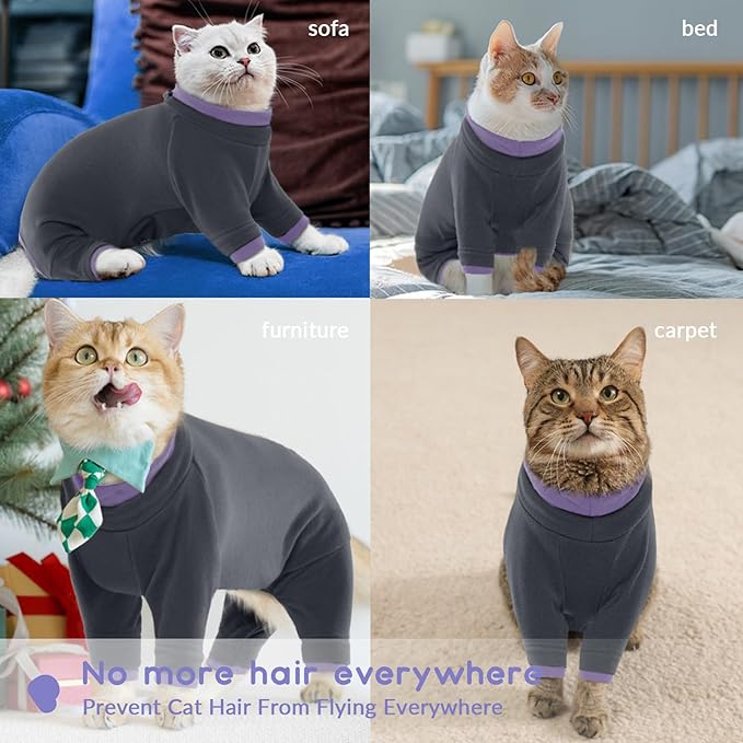 QBLEEV Cat Clothes, Soft Cat Sweaters for Cats Only, Kitten Surgery Recovery Suit Onesie Pajamas, Four Legs Cats Shirts Apparel Clothing for Hair Loss Prevention, Purple, L