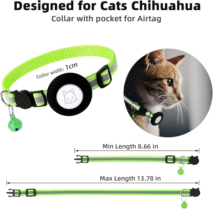 Airtag Cat Collar With Bell and Safety Buckle - 3/8" Width, Reflective, Waterproof Holder Compatible With Apple Airtag for Cat, Dog, Kitten, Puppy (Light Green)