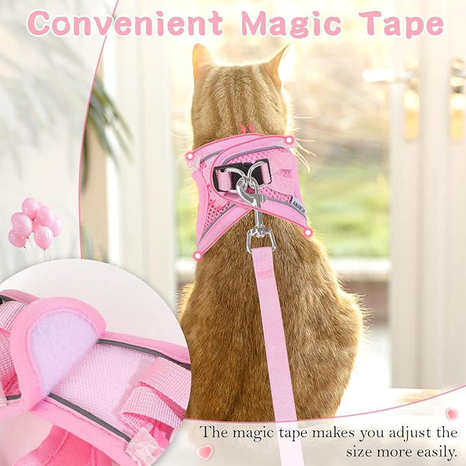 Cat Harness and Leash Set,Escape Proof Adjustable Kitten Harness with Cute Pink Bow,Breathable Reflective Strips Harness for Kitty Puppy Bunny for Walk Travel and Indoor Use (Pink XS)