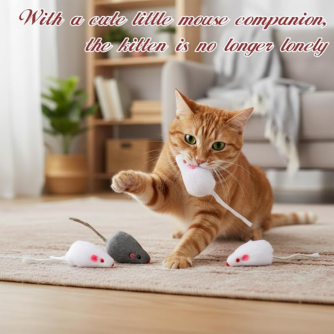 Vin Beauty 5 Pcs Faux Fur Rattle Mouse Cat Toy White and Gray Mice Animal Toy Realistic Fuzzy Toys Interactive Cat Toys Pet Supplies