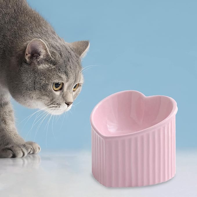 Heart Shaped Cat Dish for Food Or Water, Slanted Ceramic Bowl with Stable Base, Pink