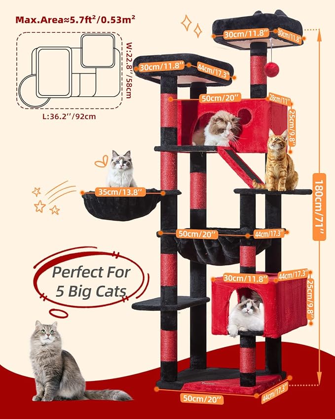 Taoqimiao Gothic Cat Tree 71-Inch, Cat Tower for Indoor Cats Large Adult, Multi-Level Large Cat Condo, 8 Sisal Scratching Posts, Metal Frame Cozy Hammock, Scratch Board, 2 Top Perches, MS026LBR