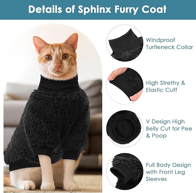 Sphynx Cat Sweater, Hairless Cats Turtleneck Pullover Kitten Sweaters for Cats Only, Warm and Soft Cat Pajamas Shirt with Sleeves Pet Winter Clothes Fleece Jumpsuit for Puppy, Black M